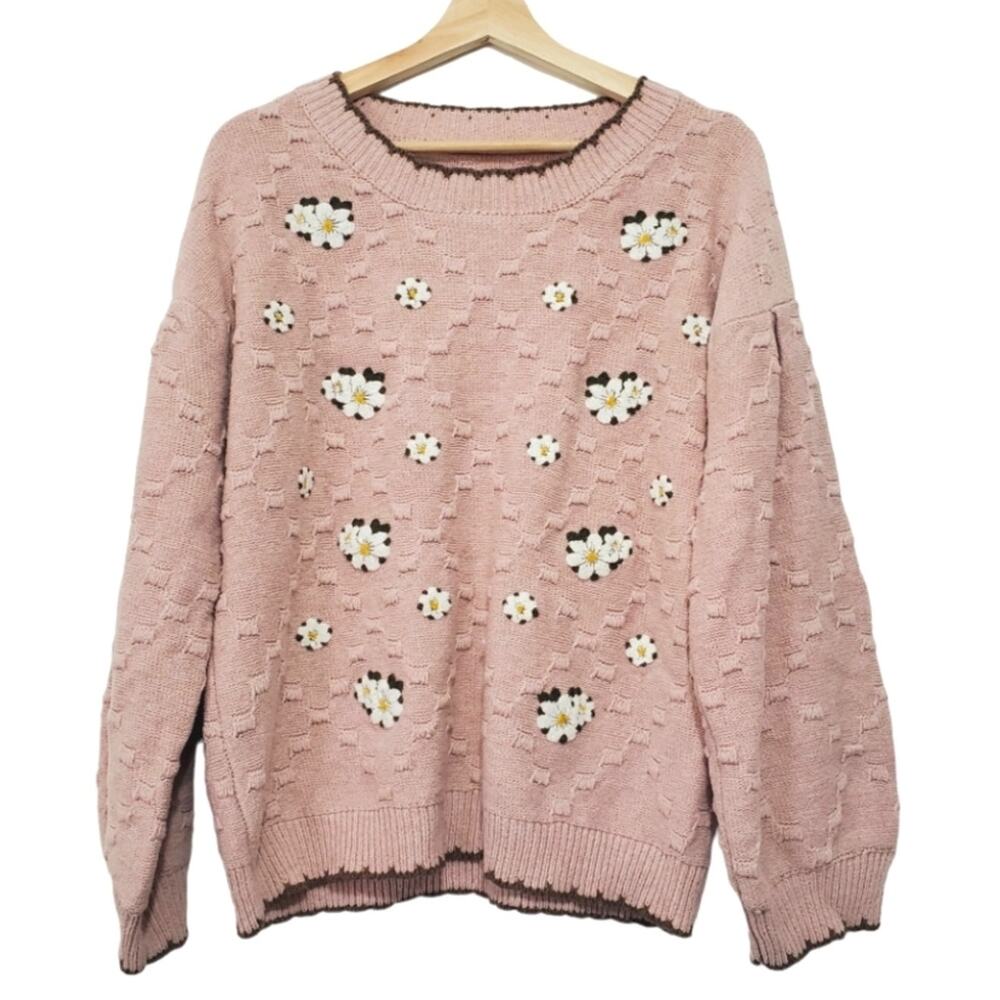 On You | Wool Blend Textured Knit Puff Sleeve Floral Pattern Sweater Grannycore